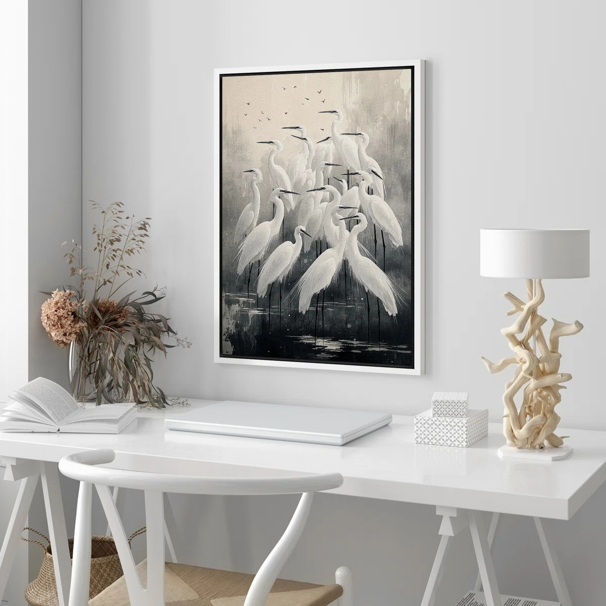 Crane Bird Abstract Modern Gray Framed Bedroom Wall Decorations Canvas Print | Wayfair North America