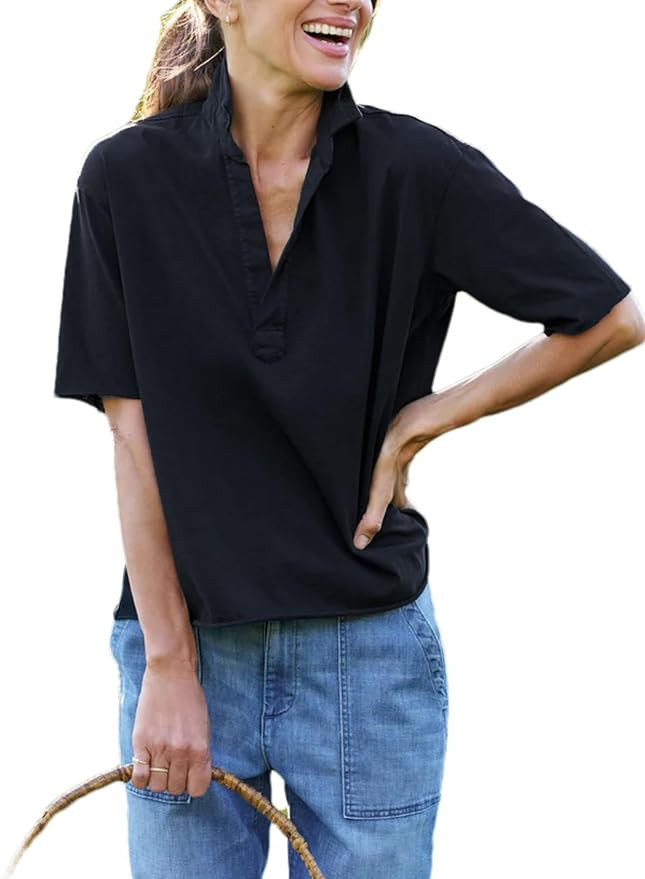 Womens Short Sleeve Shirts Lapel V Neck Pullover Tops Solid Color/Striped Dressy Casual Blouses | Amazon (US)