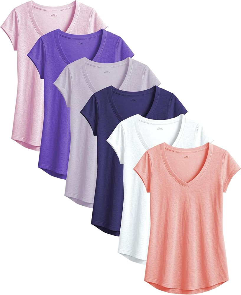 Sexy Basics Women's V-Neck Short Sleeve Tops | Semi Sheer Slub Burnout Fabric Workout T Shirts | ... | Amazon (US)