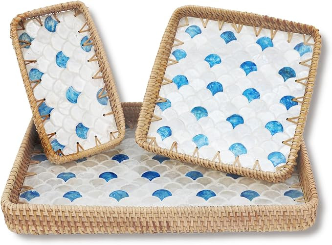 Rattan Serving Tray with Mother of Pearl Inlay,Set of 3 Wicker Serving Tray Boho,Hand-Woven from ... | Amazon (US)