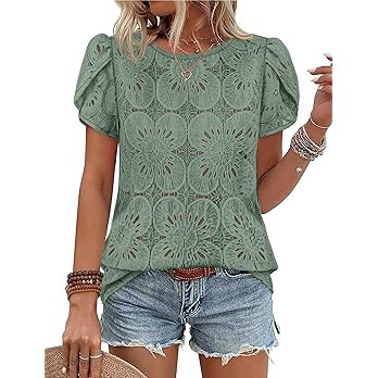 OFEEFAN Blouses for Women Dressy Casual Petal Short Sleeve Shirts Crochet Lace Boho Tops Spring F... | Amazon (US)