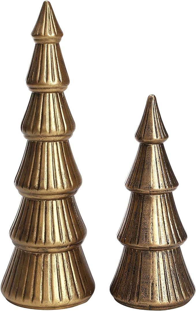 Amazon.com: WONDROUS' DECO Wooden Christmas Tree Figurine, Tabletop Gold Tree Figurine, Set of 2 ... | Amazon (US)
