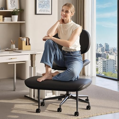 Pinmoco Upgraded Cross Legged Office Chair with Wheels, ADHD Chair for Adults, Wider Height Adjustable Backrest and Seat, Meditation Chair, Ergonomic & Yoga Office Chair, PU Leather, Black | Amazon (US)