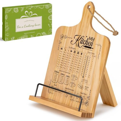 PUERSI Cook Book Stand for Kitchen Counter, Wooden Recipe Book Holder with Measurement Conversion Chart, Adjustable Cookbook Stand, Kitchen Gifts for Cooking Lovers | Amazon (US)