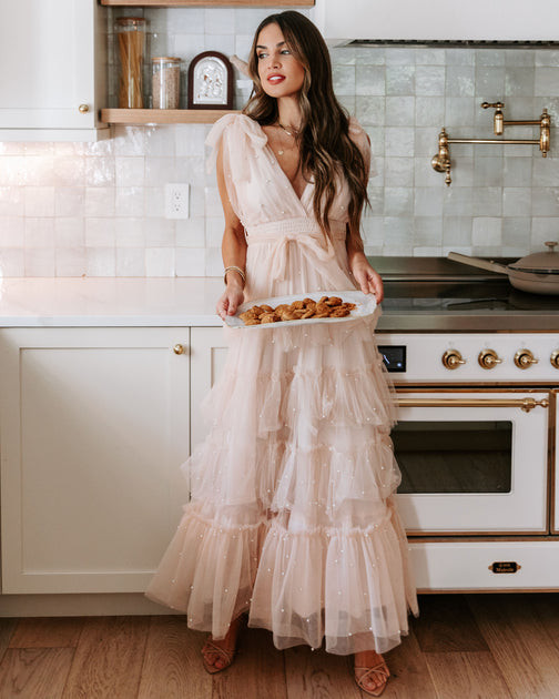Under The Eiffel Tower Tulle Pearl Tiered Maxi Dress - Blush | VICI