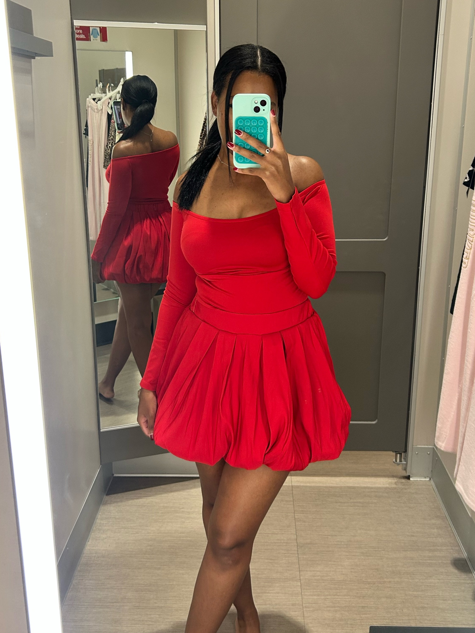 This red top is stretchy and fits perfectly - wearing a size S
The bubble skirt is 🤌 - size down #christmas #outfit #holidayoutfit 

#LTKSaleAlert #LTKCyberWeek #LTKFindsUnder50