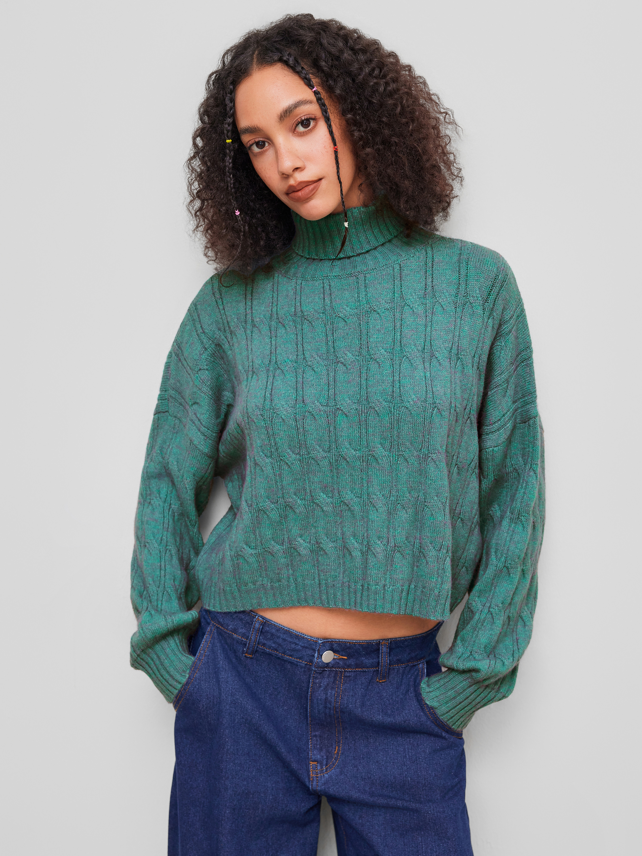 Knit Fabric Cable Knit High Neckline Crop Top For Daily Casual | Cider