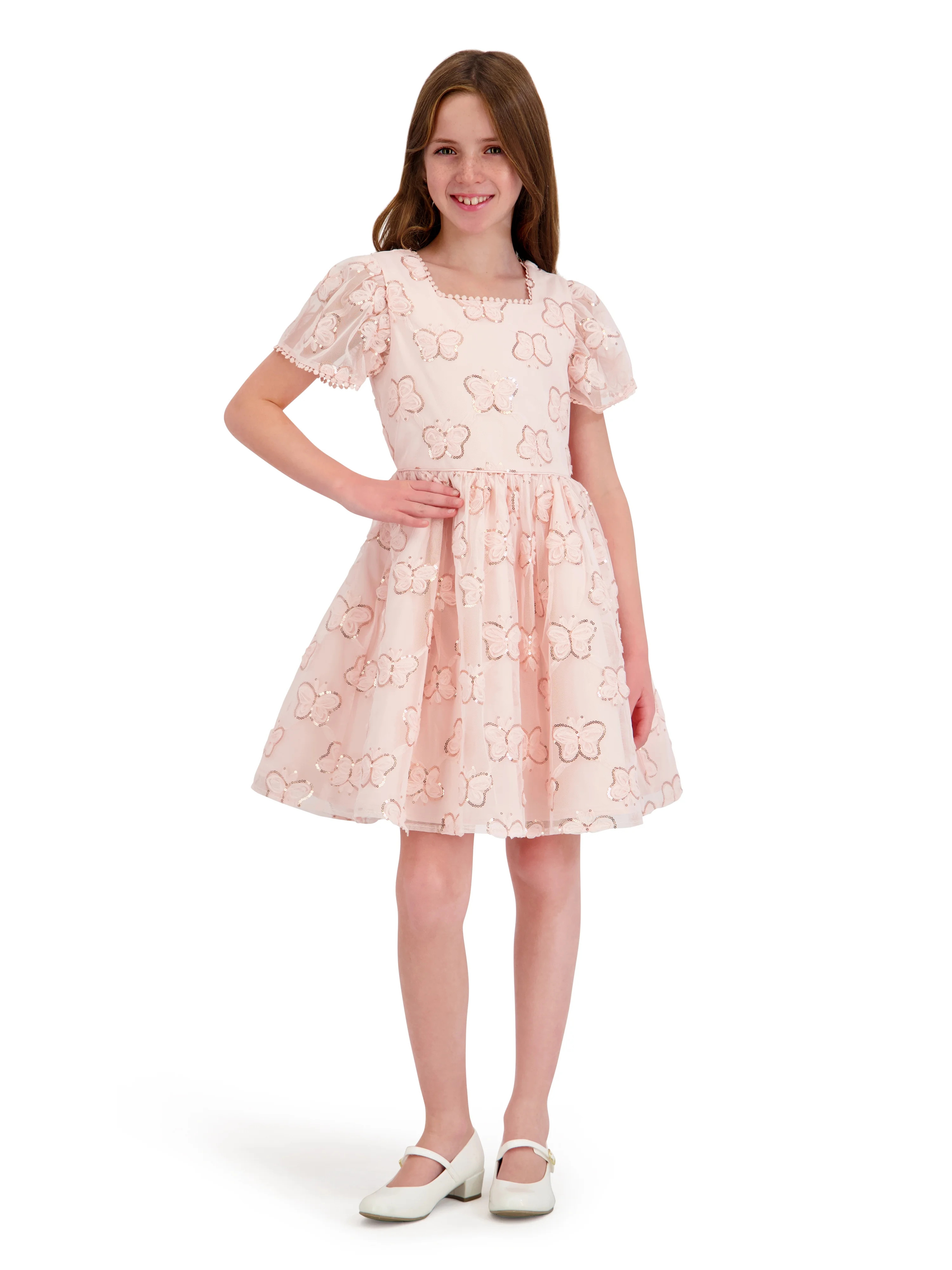 Kensie Girl Cap Sleeve Sequin Butterfly Soutache Mesh Dress, Sizes 4-16 | Walmart (US)