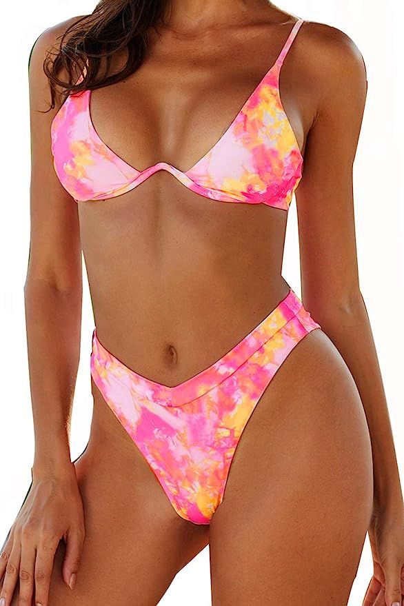 VNVNE Women's Underwired Tie Dye Triangle Bathing Two Pieces Swimsuit Bikini Set | Amazon (US)