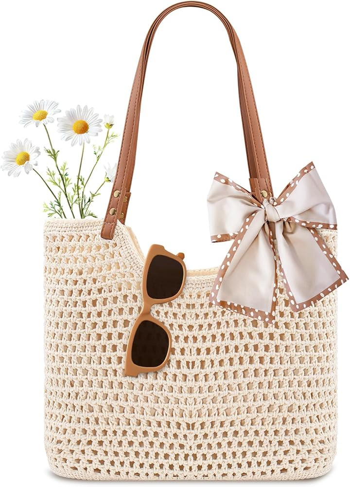 Peicees Crochet Beach Bag Purse, Boho Woven Tote with Leak-Proof Lining For Summer Vacation Trave... | Amazon (US)