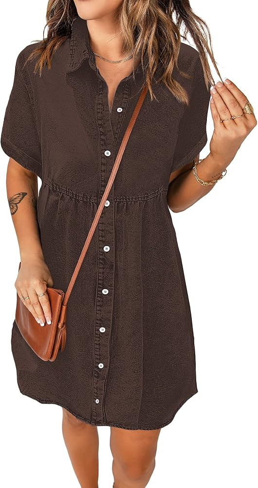 luvamia Women's Casual Short Sleeve Button Down Tiered Denim Babydoll Jean Dress | Amazon (US)