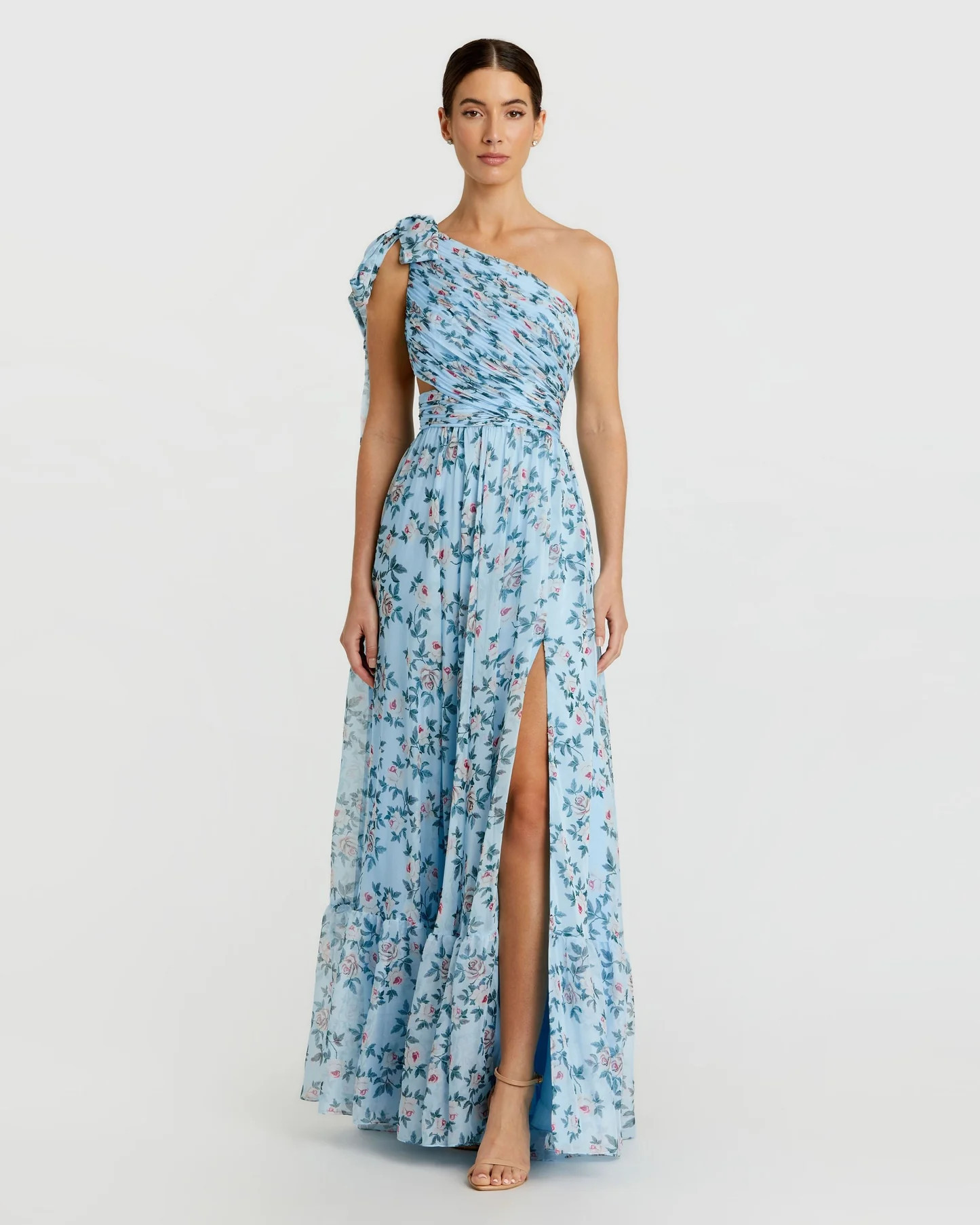 Blue Floral Chiffon One Shoulder Gown - Mac Duggal | Mac Duggal