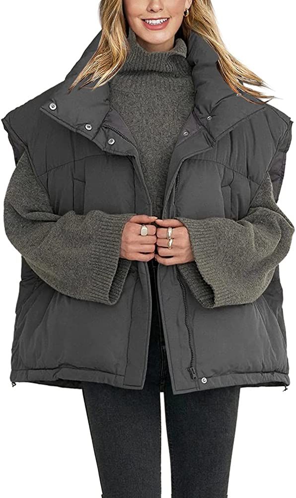 Veatzaer Womens Sleeveless Zip Puffer Vest Drawstrig Hem Oversized Stand Collar Warm Winter Coats | Amazon (US)