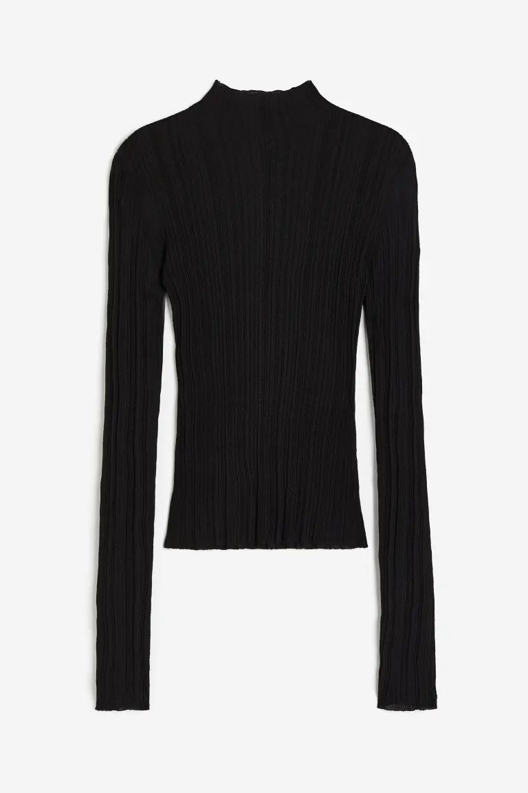 Sheer rib-knit turtleneck top - Black - Ladies | H&M GB | H&M (UK, MY, IN, SG, PH, TW, HK)