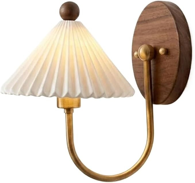 Japanese Wood Wall Sconce 9.8-Inch Pleated Ceramic Shade Wall Lamp with U-Shaped Arm Walnut Base ... | Amazon (US)