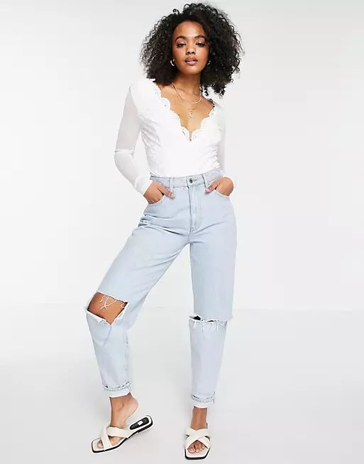 Love Triangle lace bodysuit with sheer sleeves in white | ASOS (Global)