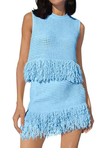 Fisoew Womens 2 Piece Crochet Outfits Sleeveless Knit Sweater Tops Fringe Skirts Summer Vacation Sets Beach Cover Ups | Amazon (US)