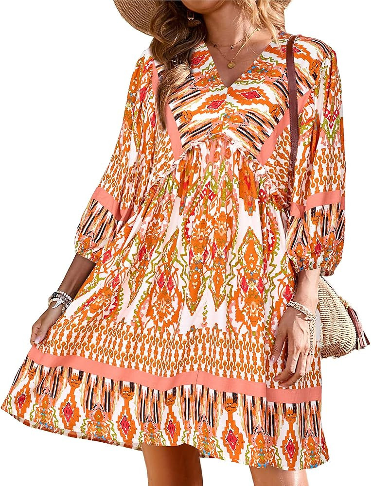 BTFBM Women Casual Spring Summer Dresses V Neck 3/4 Long Sleeve Ruffle Floral Flowy Boho Babydoll... | Amazon (US)