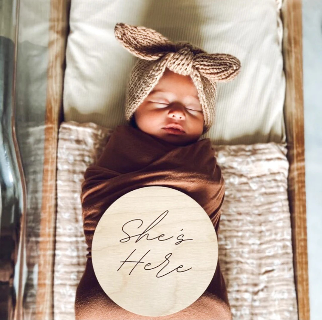 Shes Here Modern Birth Announcement Hes Here Engraved Wooden Baby Sign Newborn Photo Prop Fresh 4... | Etsy (US)