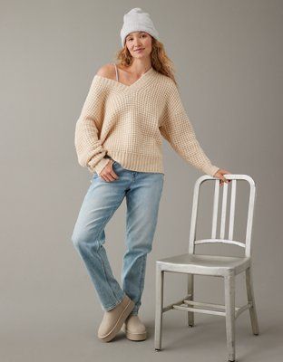 AE Whoa So Cozy Waffle V-Neck Sweater | American Eagle Outfitters (US & CA)