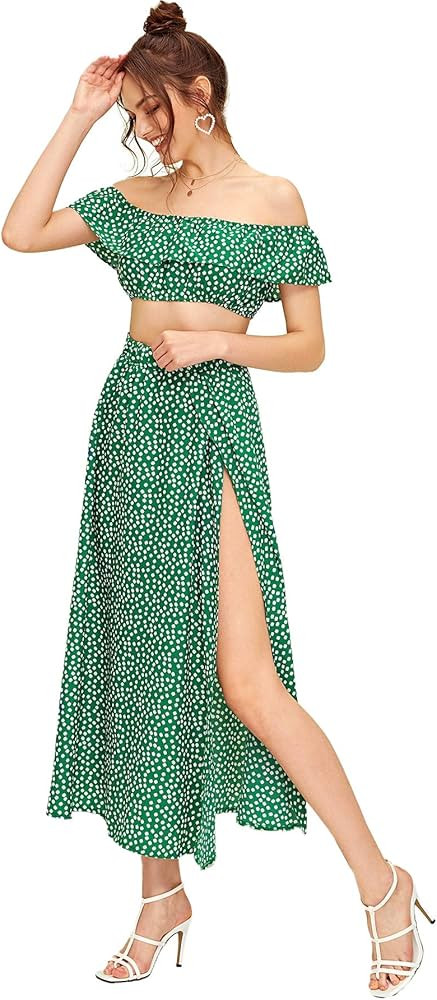 Floerns Women's Two Piece Outfit Floral Crop Top and Split Long Skirt Set | Amazon (US)