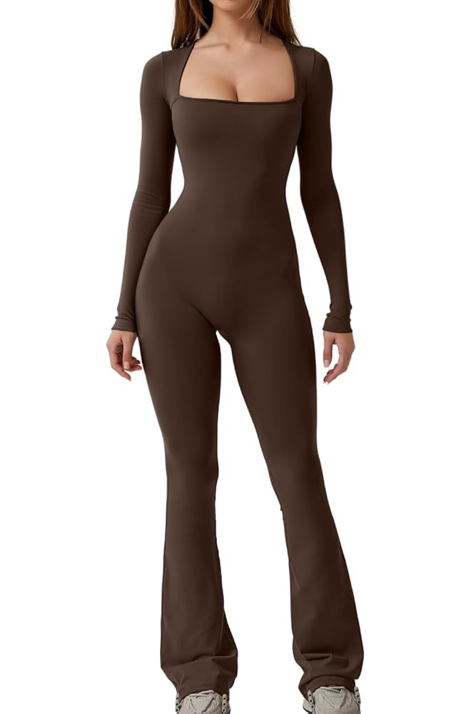 QINSEN Jumpsuits for Women Square Neck Wide Leg Full Length Romper Playsuit | Amazon (US)