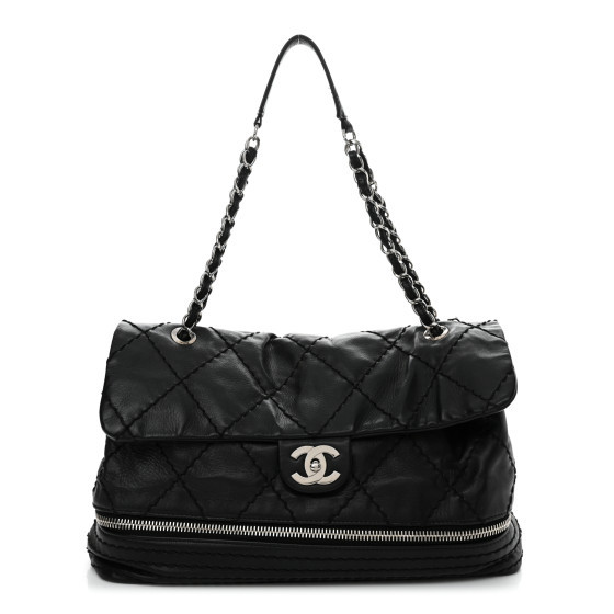Calfskin Stitched Large Expandable Flap Bag Black | FASHIONPHILE (US)