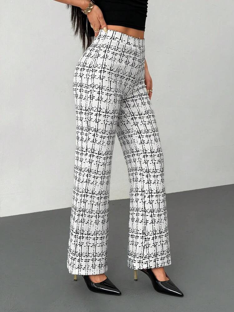 SHEIN PETITE Summer Elegant Women's Plaid Printed Elastic Knitted Pants, Suitable For Various Occasions, Suitable For Summer Vacation, Elegant Travel, And Daily Commuting | SHEIN