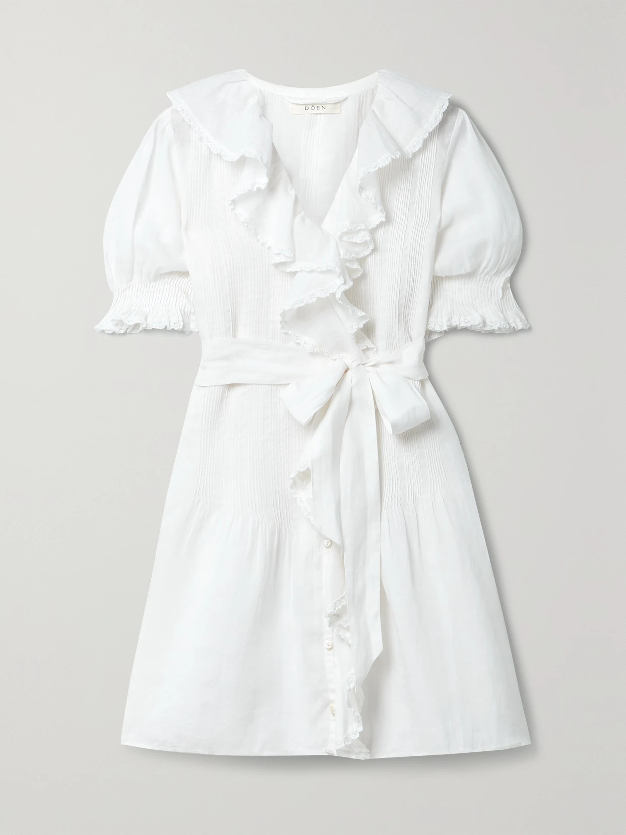 DÔEN - Piper Belted Ruffled Ramie Mini Dress - White | NET-A-PORTER (US)