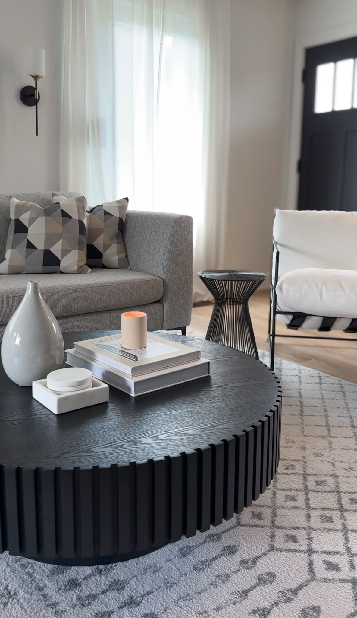 Living room details 🖤✨

Modern organic decor, coffee table, black coffee table, round coffee table, sectional couch, grey couch, living room design, living room area rug, amazon home, designer or dupe, save vs splurge 

#LTKHome