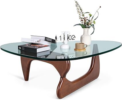Amazon.com: Noguchi Table Triangle Glass Coffee Table Vintage Glass End Table, Solid Wood Base an... | Amazon (US)