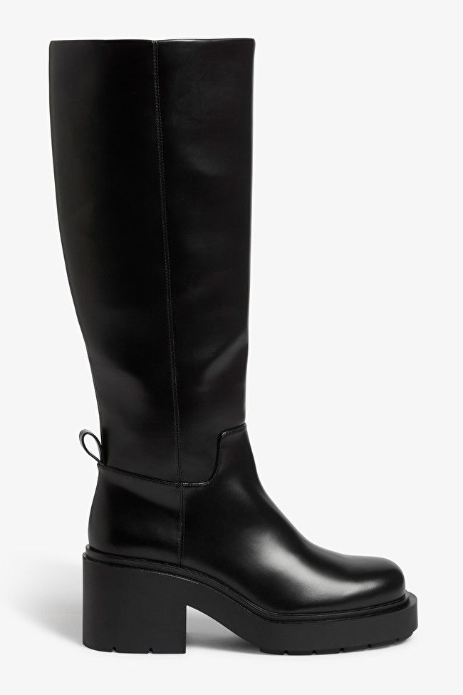 Chunky heeled black faux leather knee-high boots | Monki