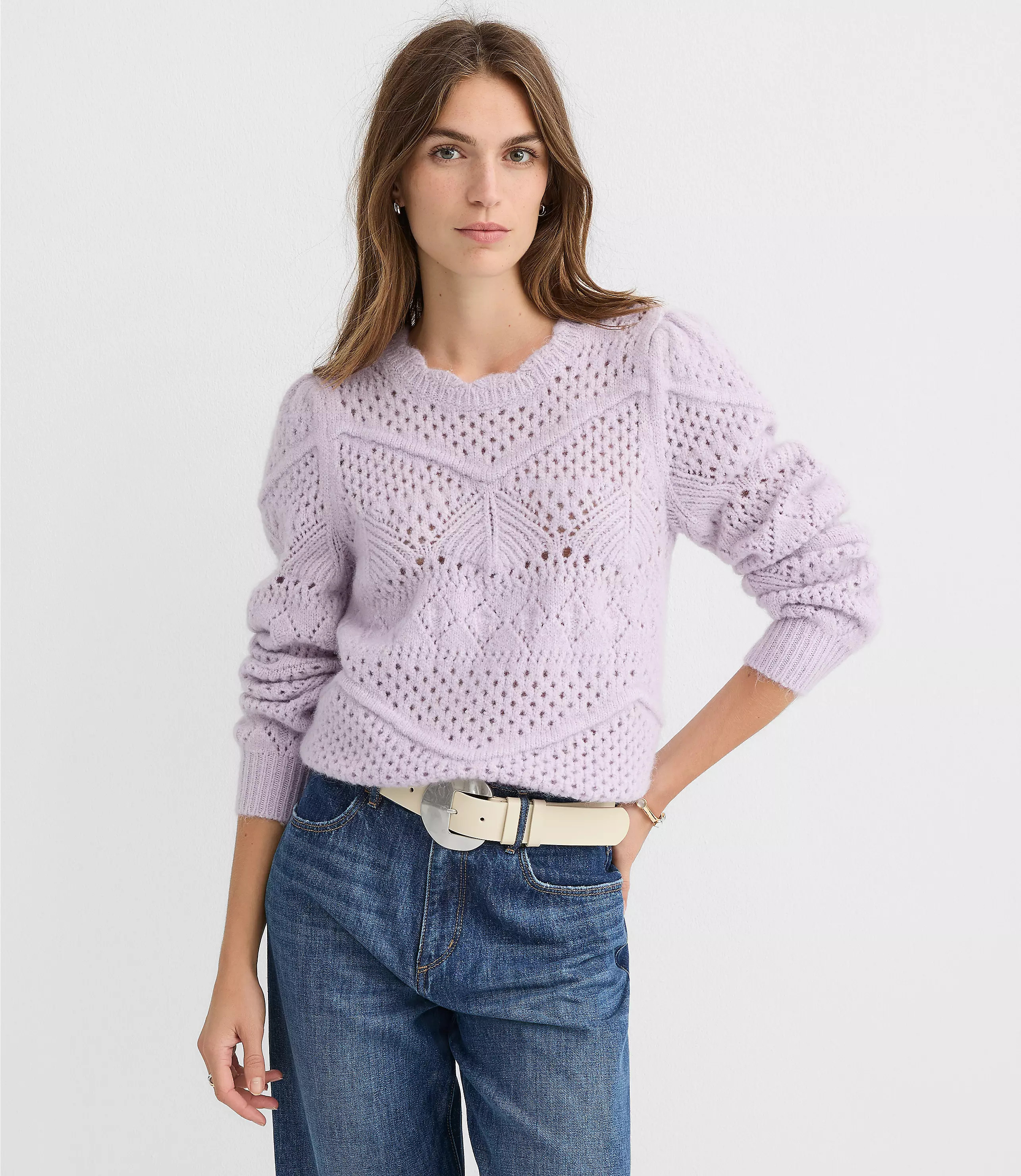 Scalloped Pointelle Puff Sleeve Sweater | LOFT