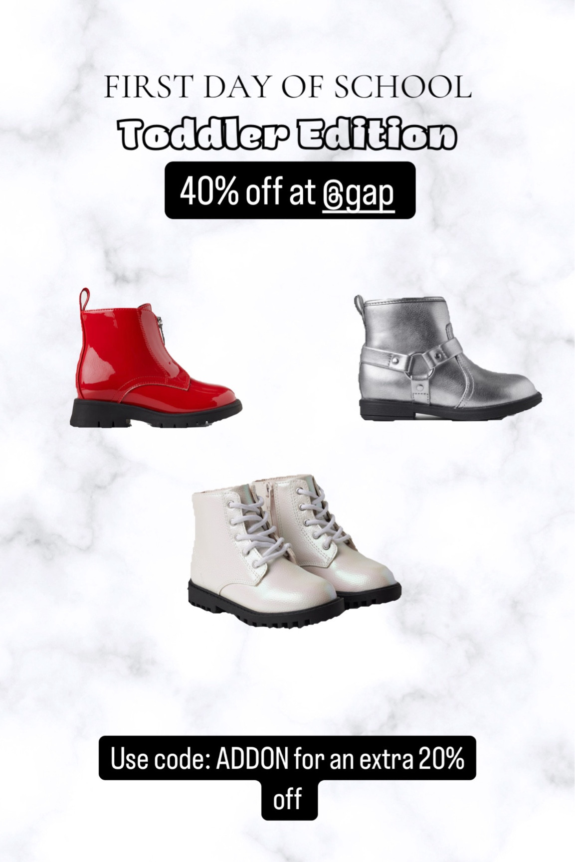 Everything at Gap is 40% off including these cute toddler boots. Use code: ADDON for an extra 20%.

#LTKKids #LTKShoeCrush #LTKBacktoSchool