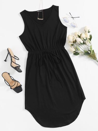 V Neck Tie Front Curved Hem Dress | SHEIN