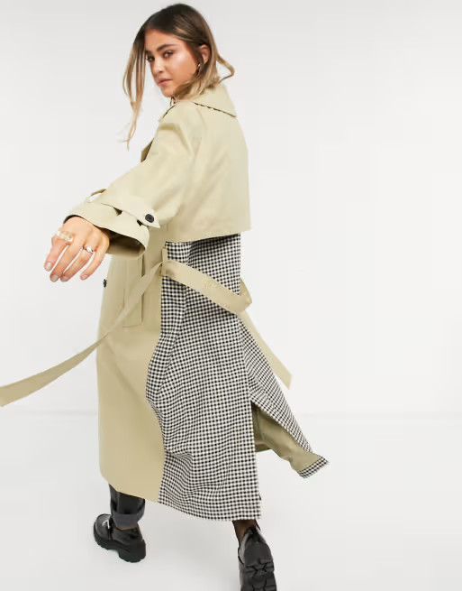 ASOS DESIGN check spliced oversized trench coat in stone | ASOS (Global)
