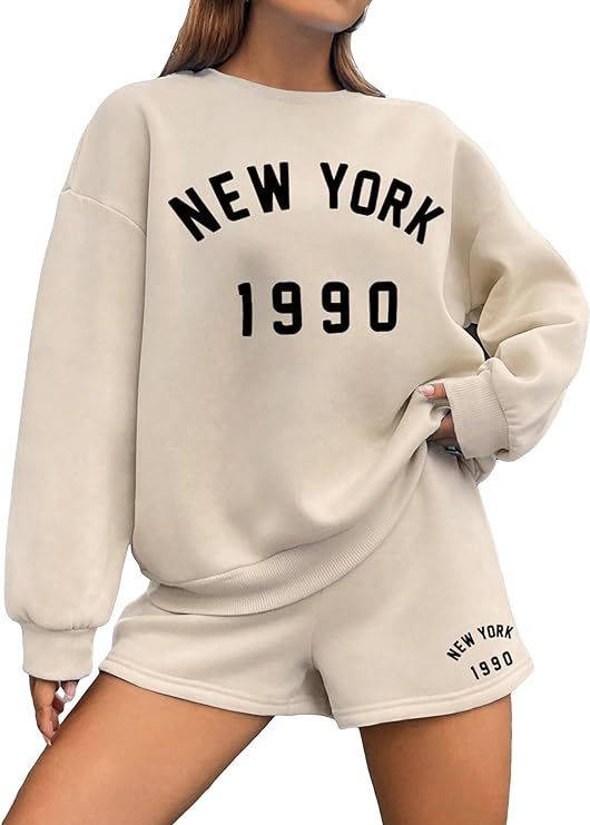 Verdusa Women's 2 Piece Outfits Tracksuit Sets Letter Print Sweatshirt Top and Shorts | Amazon (US)