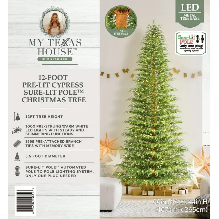My Texas House 12ft Pre-Lit Cypress Artificial Christmas Tree, 1000 Warm White Twinkle LED, Green | Walmart (US)