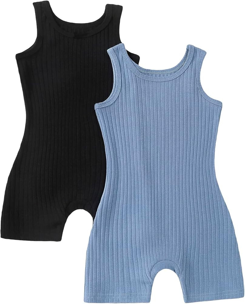 MakeMeChic Girl's 2pack Sleeveless Romper Summer Short Jumpsuit Scoop Neck Ribbed Kint Rompers | Amazon (US)