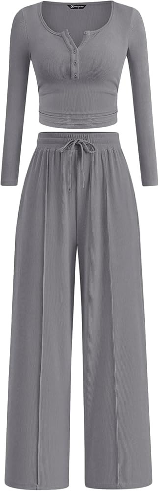 PRETTYGARDEN Women's 2026 Fall Trendy 2 Piece Outfits Lounge Sets Long Sleeve Top Henley Shirts W... | Amazon (US)