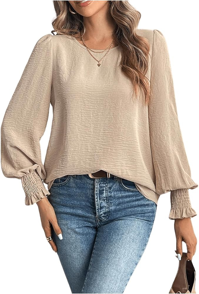 MakeMeChic Women's Bell Sleeve Frill Trim Shirred Crew Neck Office Shirt Blouse Tops | Amazon (US)