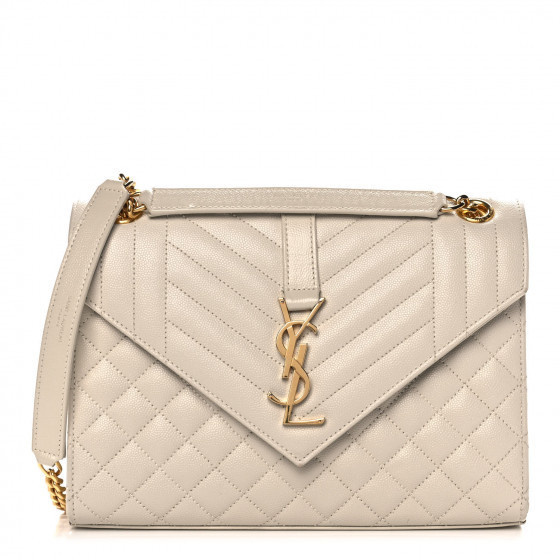 SAINT LAURENT Grain De Poudre Textured Mixed Matelasse Medium Triquilt Monogram Satchel Porcellana | Fashionphile