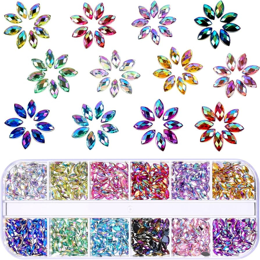 TecUnite 1200 Pieces 12 Colors Shiny Nail Rhinestones Horse Eye Rhinestones Flat Back Nail Gems D... | Amazon (US)