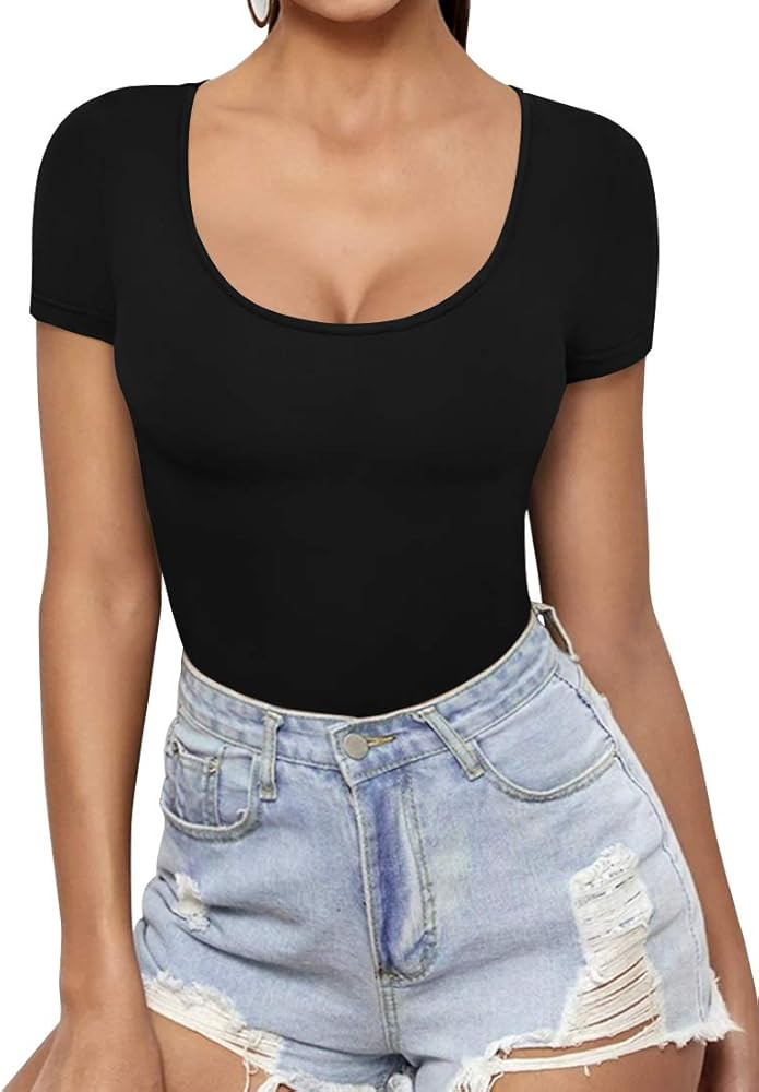 MANGOPOP Womens Scoop Neck Short Sleeve Long Sleeve Slim Fit T Shirt Tunic Tops Tee | Amazon (US)