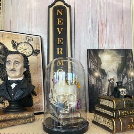 Decorate your home this Halloween with this eerie black crow wall hanging, Edgar Allan Poe Bust, Edgar Allan Poe with Crow Canvas Wall Accent, and Edgar Allen Poe Book Stack Decoration. 

Bring some witchy charm to your Halloween decorating with this cloche tabletop accent! Featuring a faux human skull covered in butterflies and a creepy spider, place on your coffee table next to a ceramic skull and candle for the perfect holiday décor.

Invite some hauntingly good fun into your home this Halloween with this wall accent from Ashland. Featuring a natural wood look with the word 'Nevermore' in antique gold, this piece is sure to give guests a creepy scare hung above the mantel in your living area.

.
.
.
.
.
.
.
.
#ltkstyletip #ltksalealert #ltkshoecrush #ltkfashion #ltkfamily #ltkbeauty #ltkitbag #ltkseasonal #ltkkids #ltktravel #ltkfit #ltkbump #ltkswim #ltkworkwear #ltkholiday #ltkfind #ltkfindsunder50 #ltkfindsunder100 #ltkgiftguide #ltkhalloween #ltkplussize #ltkvideo #ltkover40 #ltkxprime #ltkcon #ltkparties #julieannrachelle

#LTKhome #LTKstyletip #LTKfindsunder50