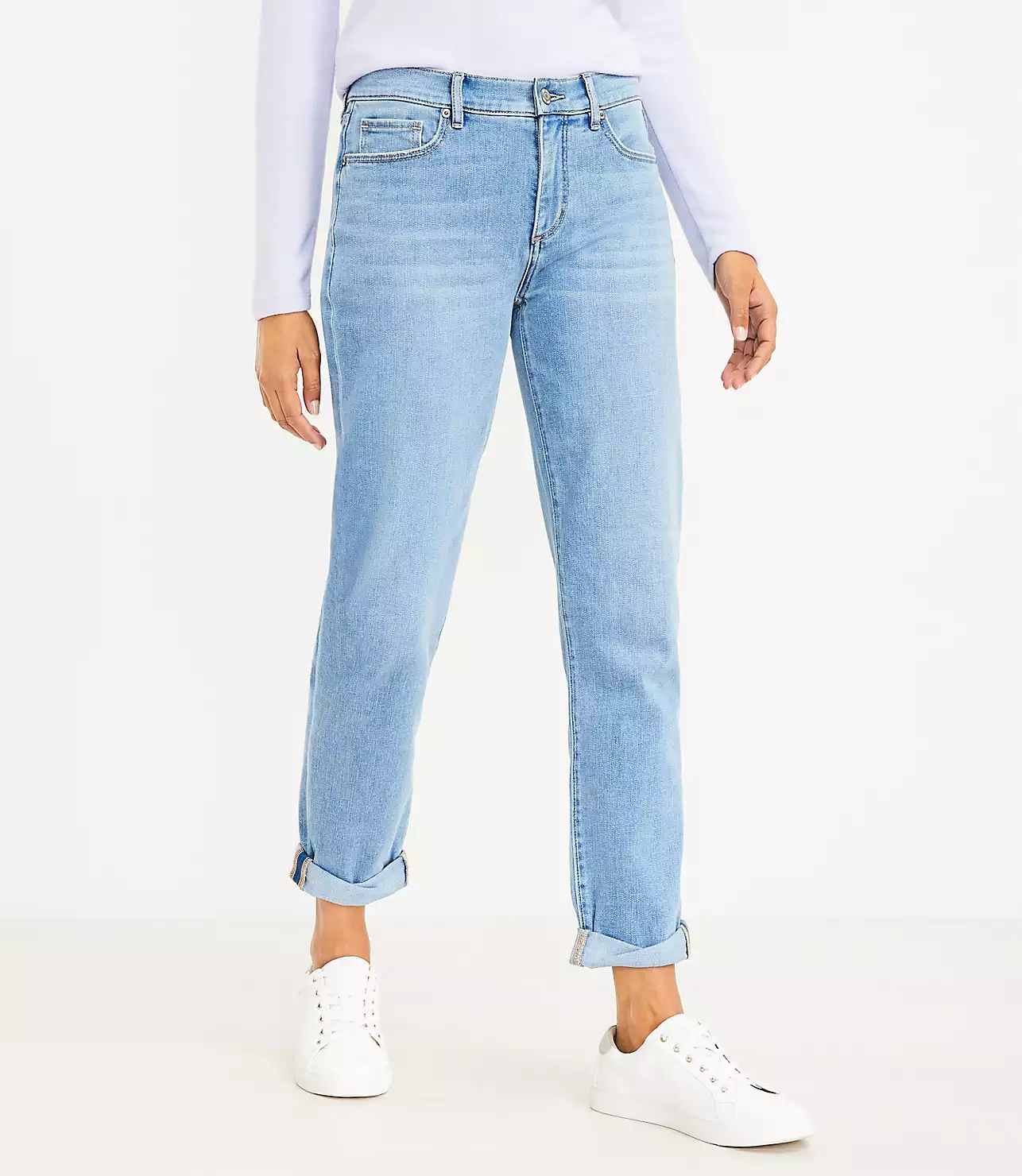 Super Soft Girlfriend Jeans in Destructed Indigo Wash | LOFT