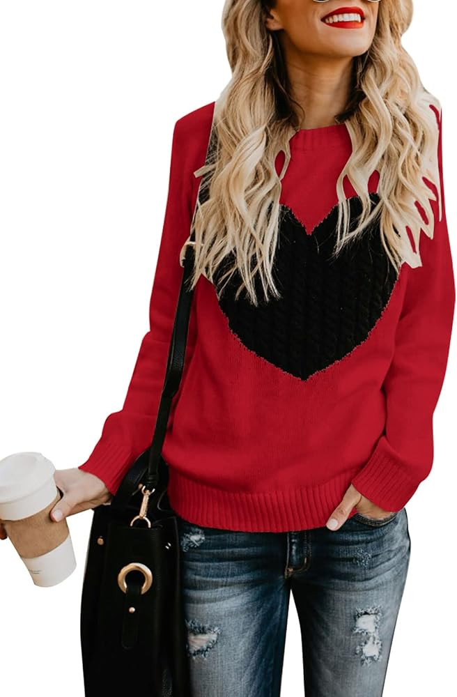 shermie Women's Pullover Sweaters Long Sleeve Crew Neck Cute Heart Knitted Casual Sweater | Amazon (US)