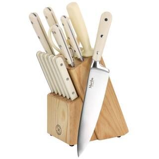 MARTHA STEWART Essential Ruxton 14 Piece Stainless Steel Knife and Block Set in Cream | The Home Depot