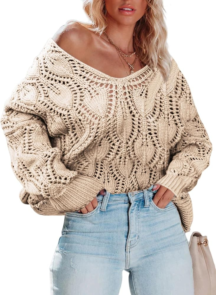 Dokotoo Fall Sweaters Round Neck Crochet Hollow Out Cute Winter Pullover Sweaters for Women Trend... | Amazon (US)