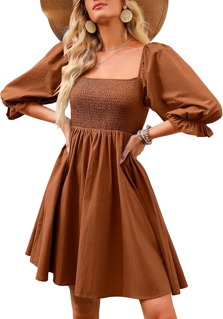 ANRABESS Womens 3/4 Puff Sleeve Square Neck Smocked Babydoll Dress Cute A Line Flowy Short Mini Dres | Amazon (US)
